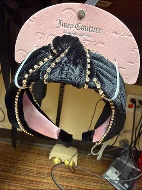 Juicy Couture Black Velvet Knotted Headband with Gold Rhinestones